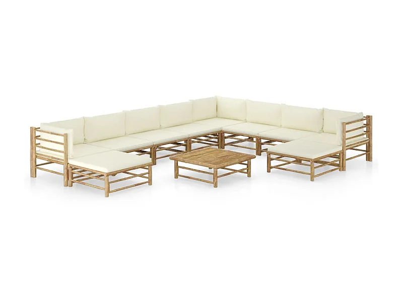 Salon de jardin 11 pcs avec coussins blanc crème Bambou