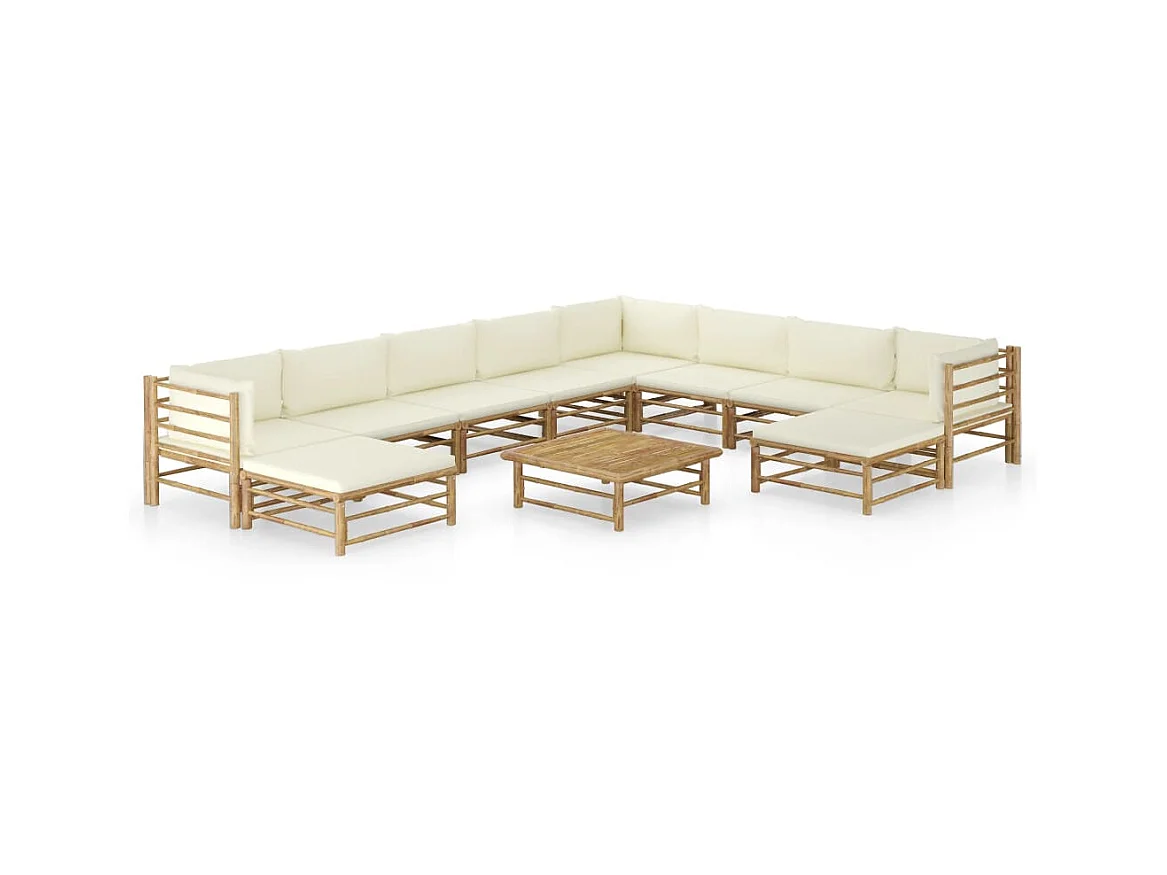 Salon de jardin 11 pcs avec coussins blanc crème Bambou