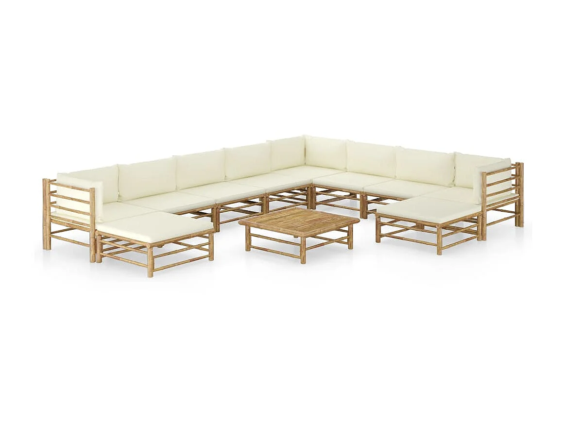 Salon de jardin 11 pcs avec coussins blanc crème Bambou