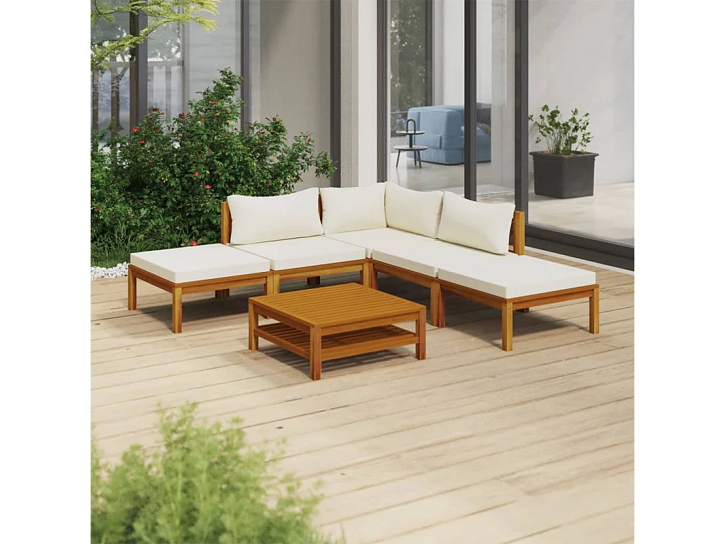Salon de jardin 6 pcs avec coussin crème Bois d'acacia solide 7