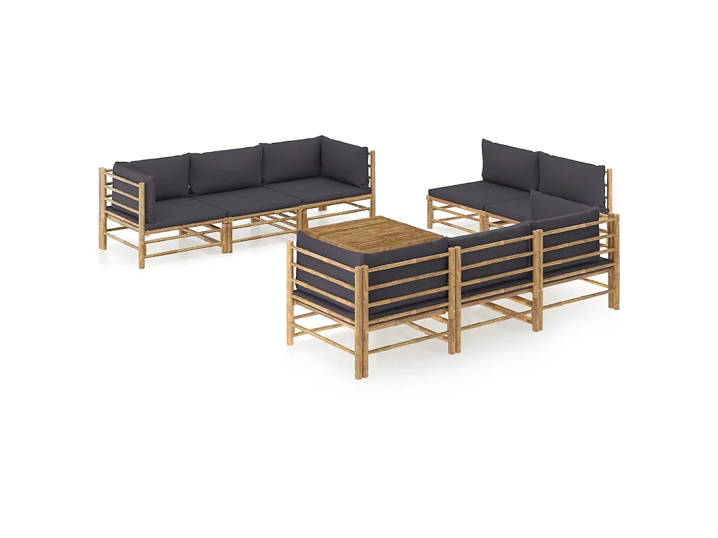 Salon de jardin 9 pcs avec coussins gris foncé Bambou 2