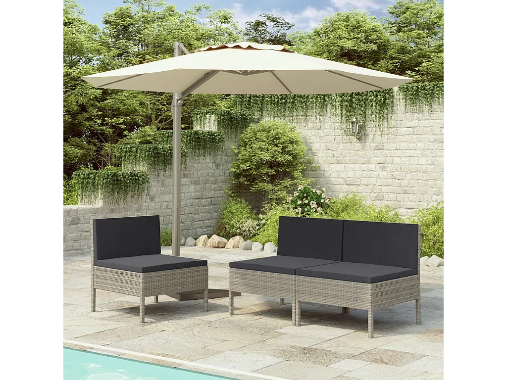 Chaises de jardin 3 pcs avec coussins Résine tressée Gris