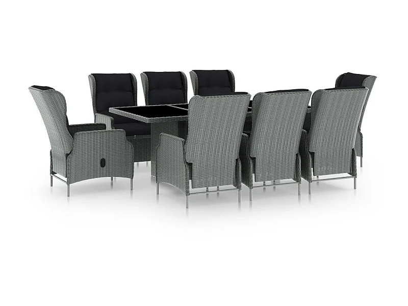 Mobilier à dîner 9 pcs avec coussins Résine tressée Gris clair