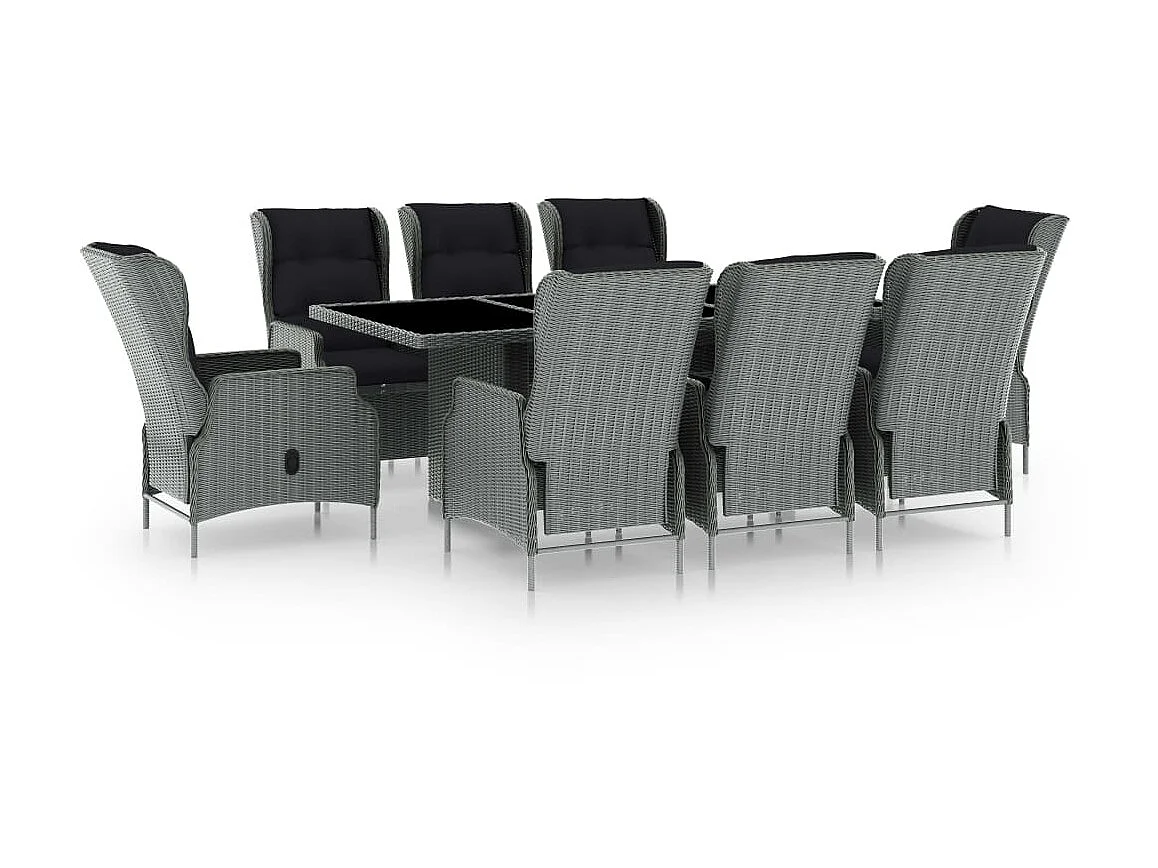 Mobilier à dîner 9 pcs avec coussins Résine tressée Gris clair