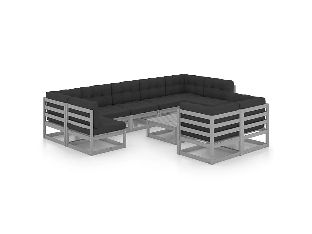 Salon de jardin 10 pcs avec coussins Gris Bois de pin massif 17