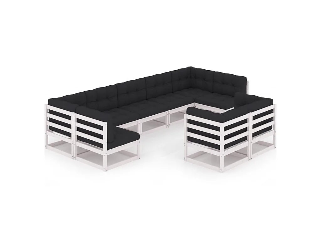 Salon de jardin 9 pcs avec coussins Blanc Bois de pin massif 19