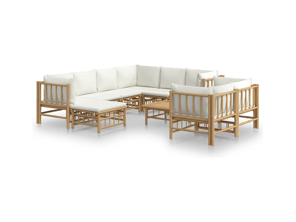 Salon de jardin 10 pcs avec coussins blanc crème bambou
