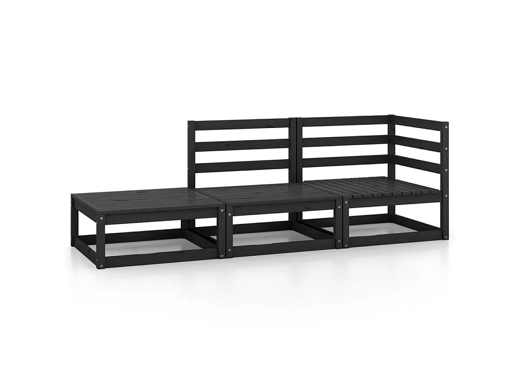 Salon de jardin 3 pcs Noir Bois de pin massif 4