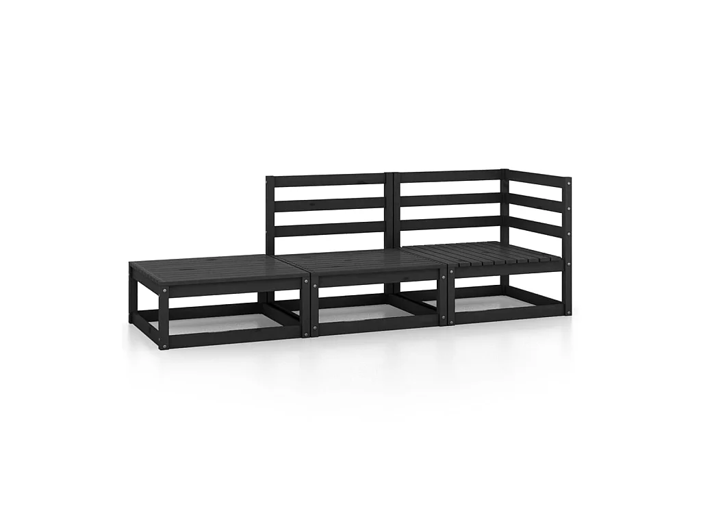 Salon de jardin 3 pcs Noir Bois de pin massif 4