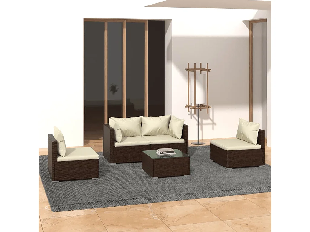 Salon de jardin 5 pcs avec coussins Résine tressée Marron 27