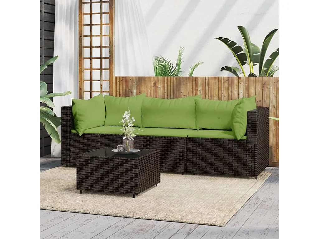 Salon de jardin 4 pcs avec coussins Marron Résine tressée