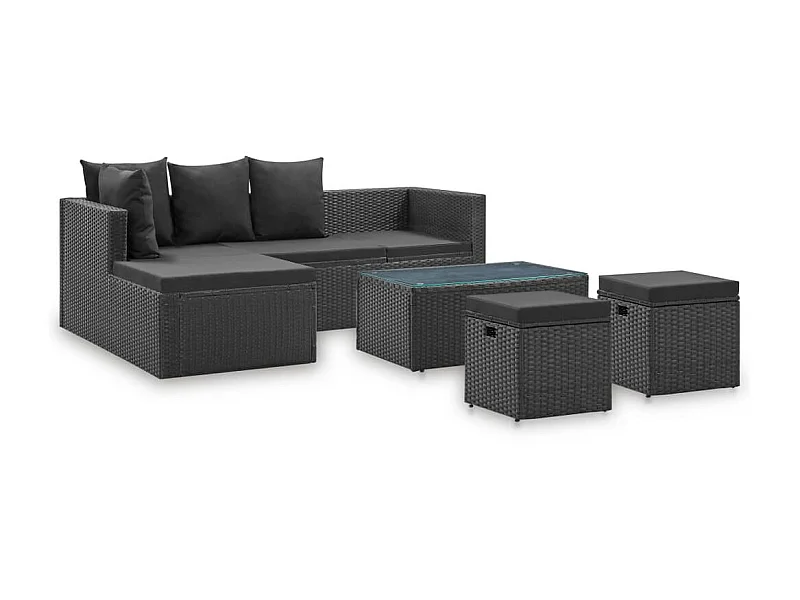 Salon de jardin 4 pcs Noir avec coussins Résine tressée