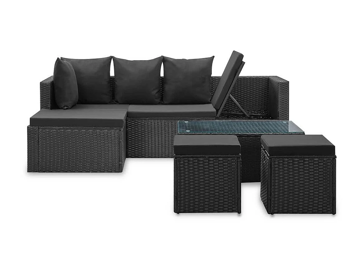 Salon de jardin 4 pcs Noir avec coussins Résine tressée