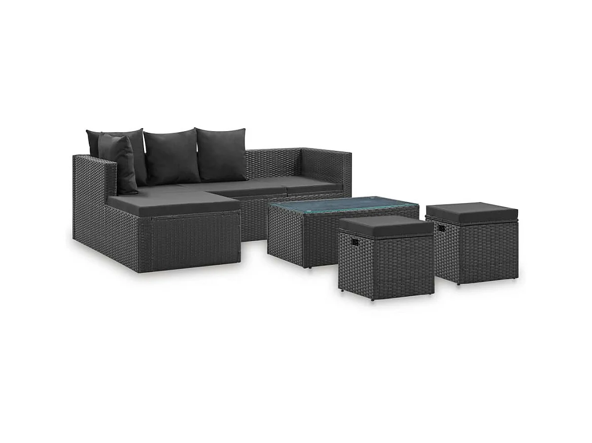 Salon de jardin 4 pcs Noir avec coussins Résine tressée