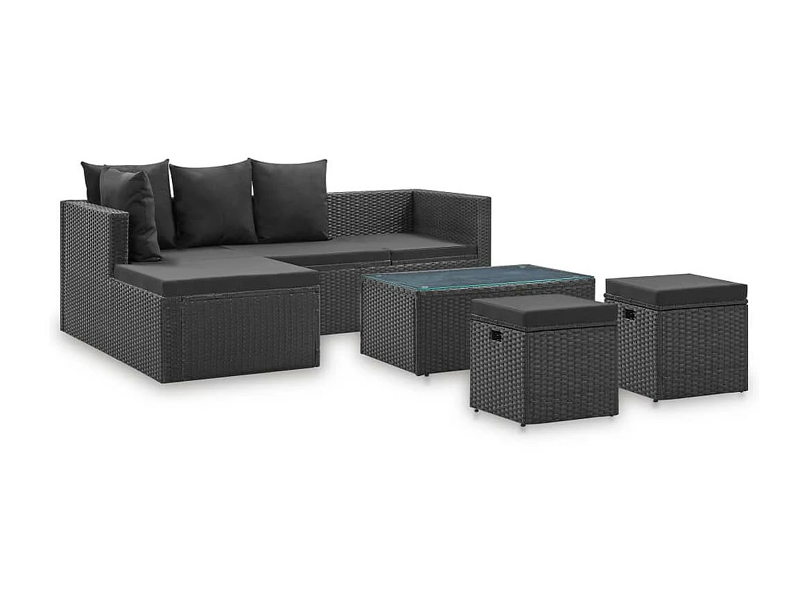 Salon de jardin 4 pcs Noir avec coussins Résine tressée