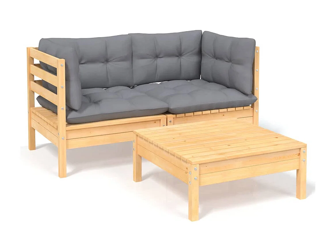 Salon de jardin 3 pcs avec coussins gris Bois de pin