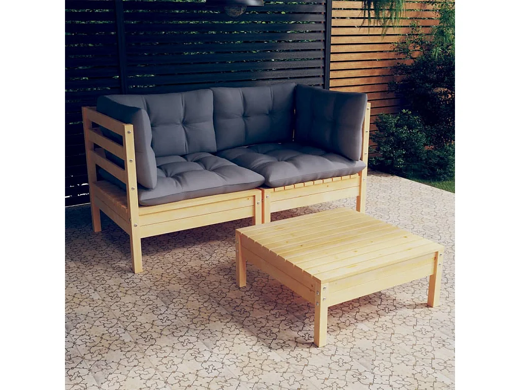 Salon de jardin 3 pcs avec coussins gris Bois de pin