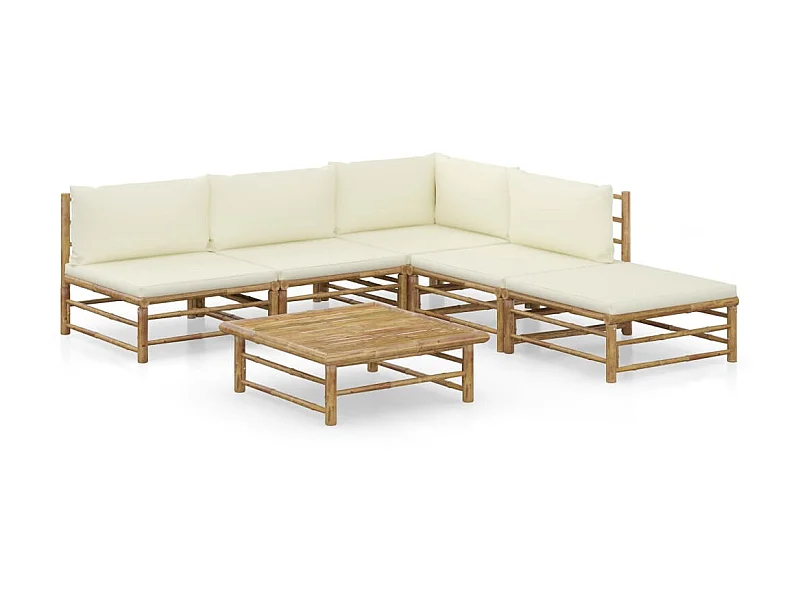 Salon de jardin 6 pcs avec coussins blanc crème Bambou 7