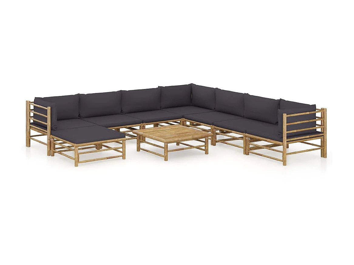 Salon de jardin 9 pcs avec coussins gris foncé Bambou