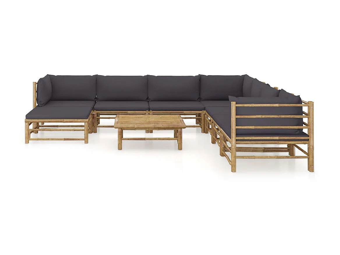 Salon de jardin 9 pcs avec coussins gris foncé Bambou