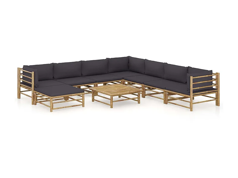 Salon de jardin 9 pcs avec coussins gris foncé Bambou