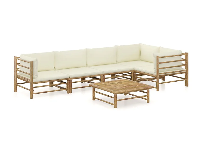 Salon de jardin 6 pcs avec coussins blanc crème Bambou 5