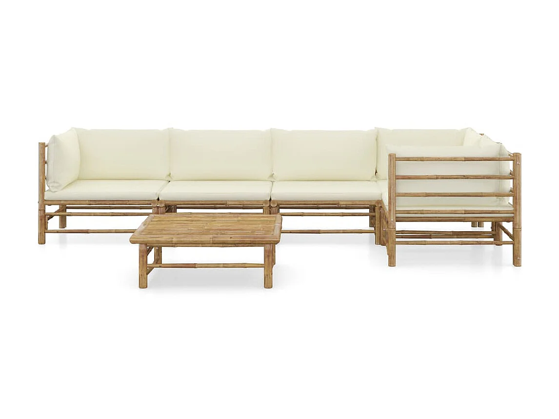 Salon de jardin 6 pcs avec coussins blanc crème Bambou 5