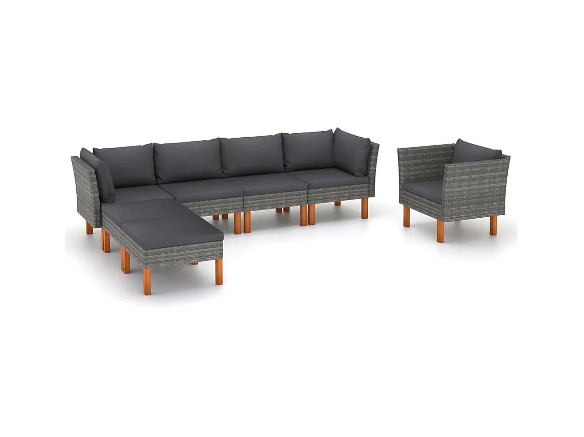 Salon de jardin 7 pcs Résine tressée et bois d'eucalyptus Gris 2