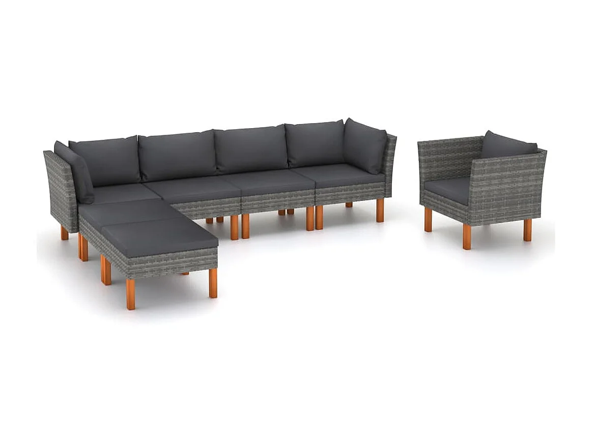 Salon de jardin 7 pcs Résine tressée et bois d'eucalyptus Gris 2