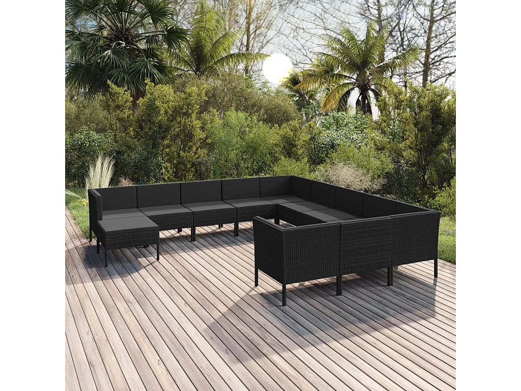 Salon de jardin 12 pcs avec coussins Résine tressée Noir 25