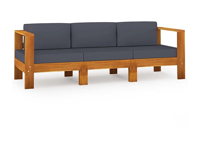 Canapé de jardin 3 places et coussins gris foncé Acacia massif