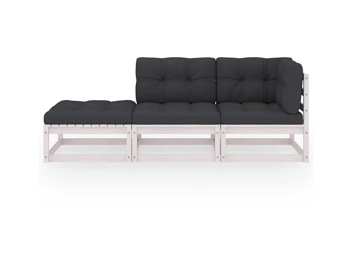Juego de muebles de jardín 3 pzas y cojines madera pino maciza Blanco