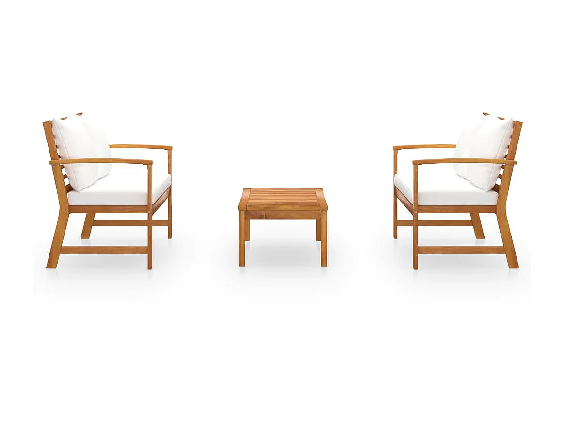 Salon de jardin 3 pcs avec coussin Bois d'acacia solide 2