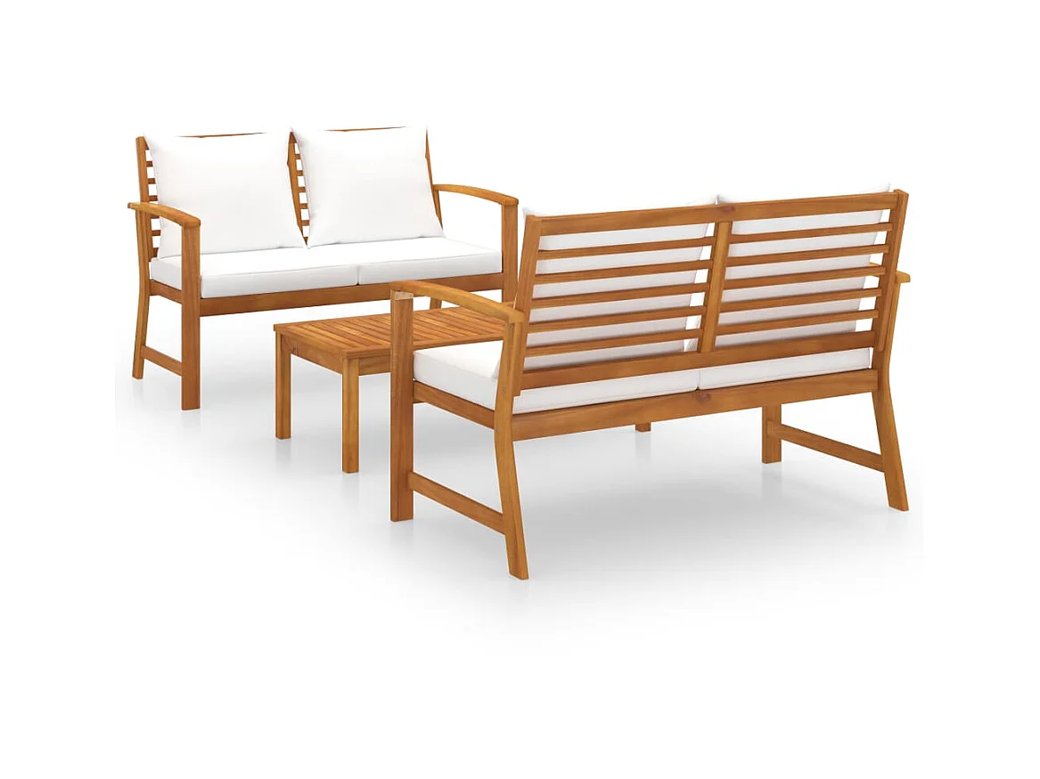 Salon de jardin 3 pcs avec coussin Bois d'acacia solide 2
