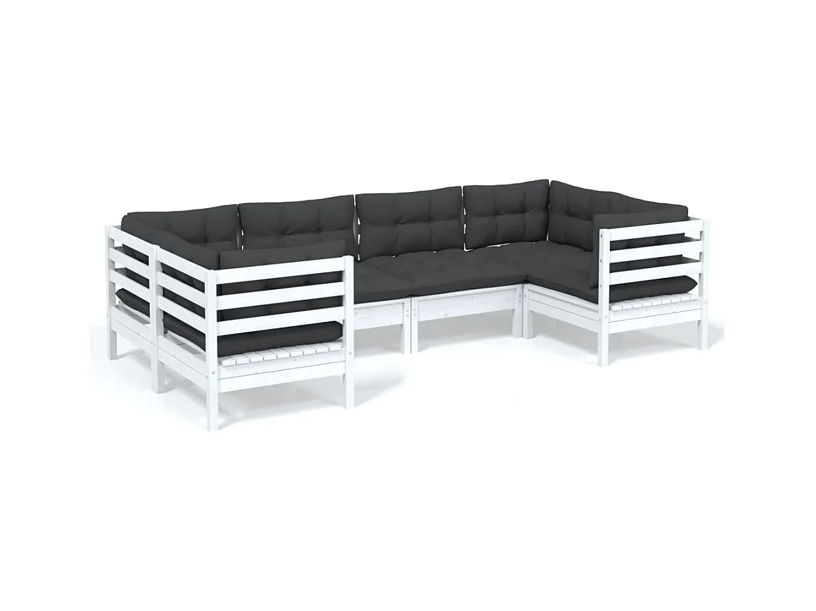 Salon de jardin 6 pcs avec coussins Blanc Bois de pin 5