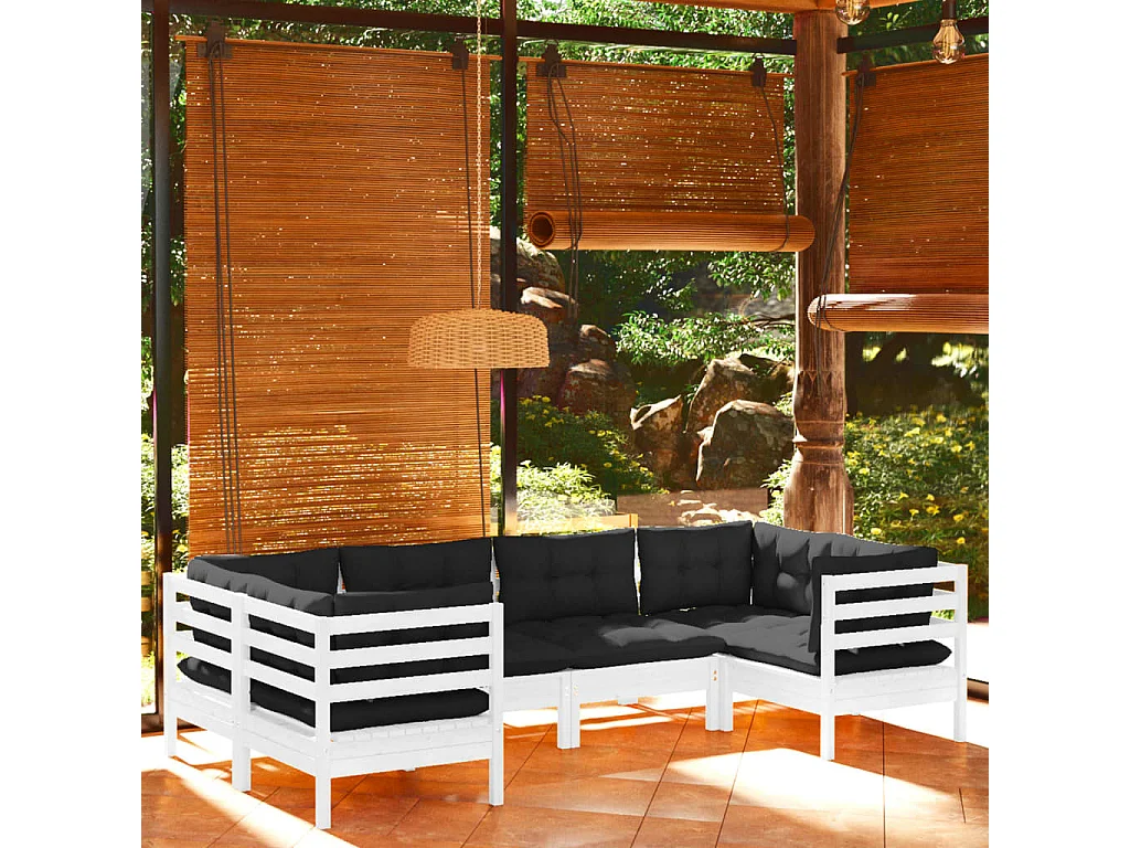 Salon de jardin 6 pcs avec coussins Blanc Bois de pin 5