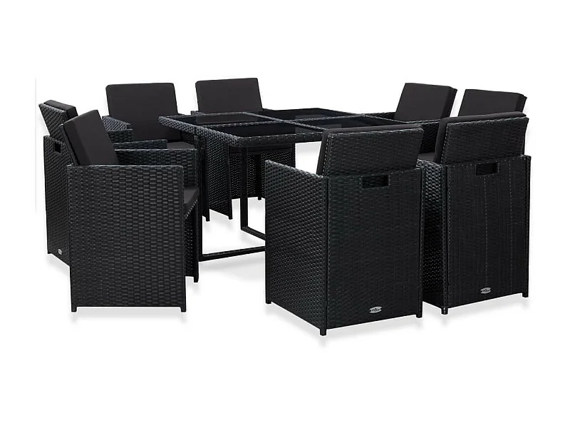 Salon de jardin 9 pcs avec coussins Résine tressée Noir 36