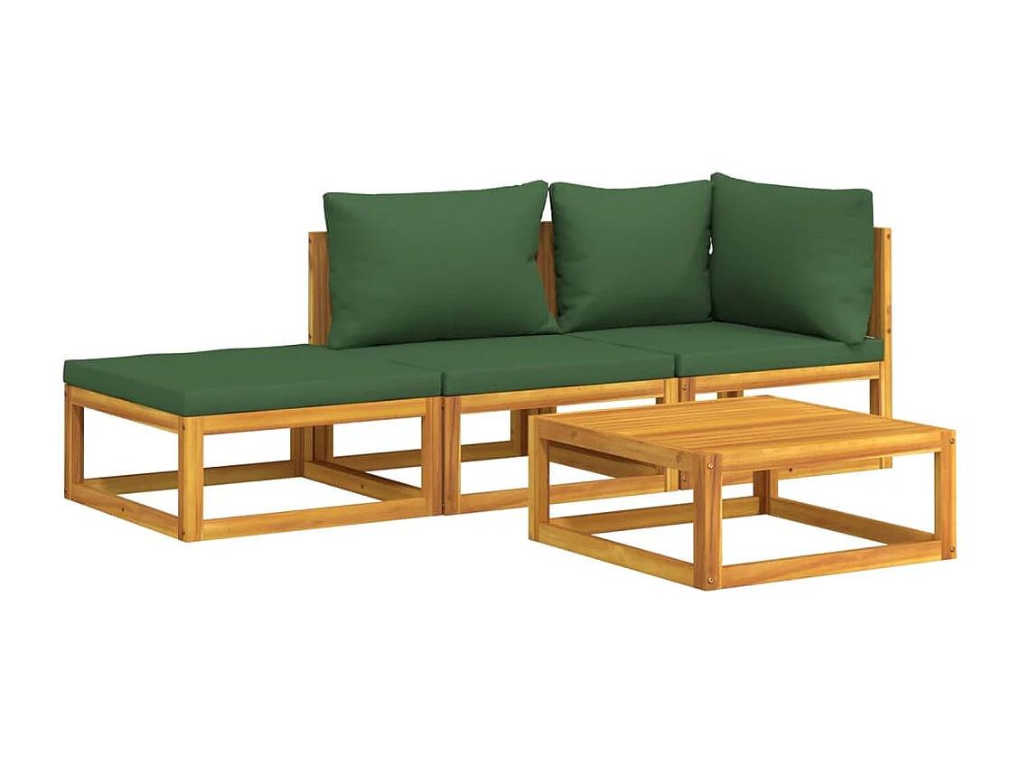 Salon de jardin 4 pcs avec coussins vert bois massif
