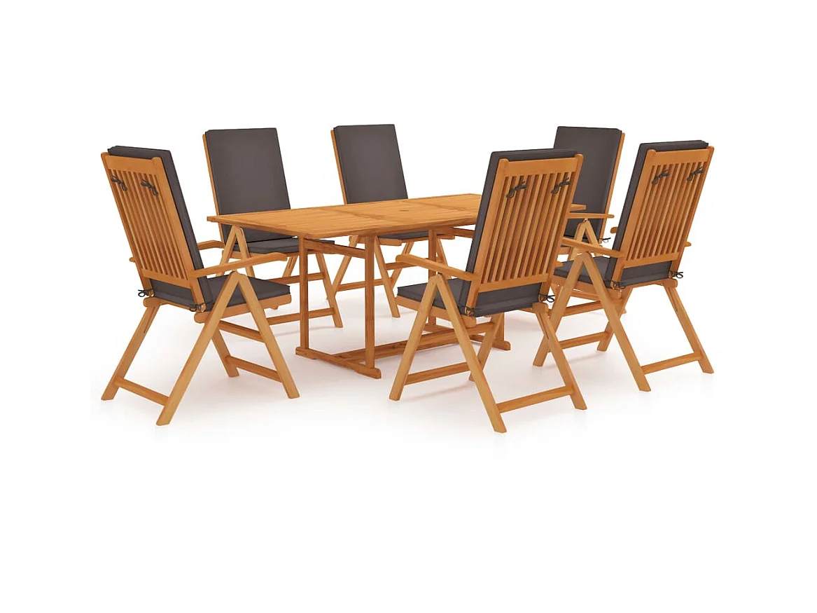 Salon de jardin 7 pcs avec coussins Bois de teck massif Gris