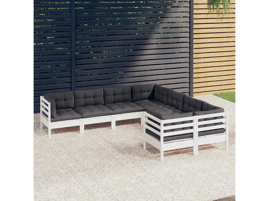 Salon de jardin 8 pcs avec coussins Blanc Bois de pin massif 5