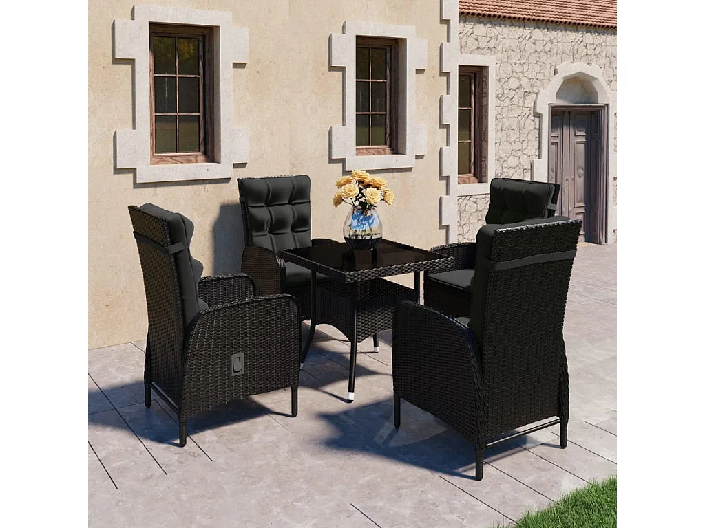 Ensemble à dîner de jardin 5 pcs Résine tressée et verre Noir