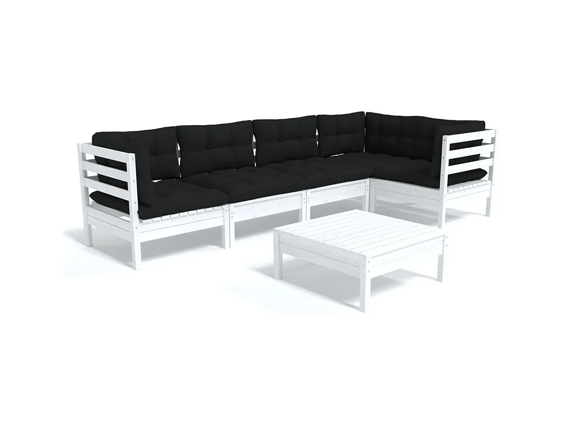 Salon de jardin 6 pcs avec coussins Blanc Bois de pin