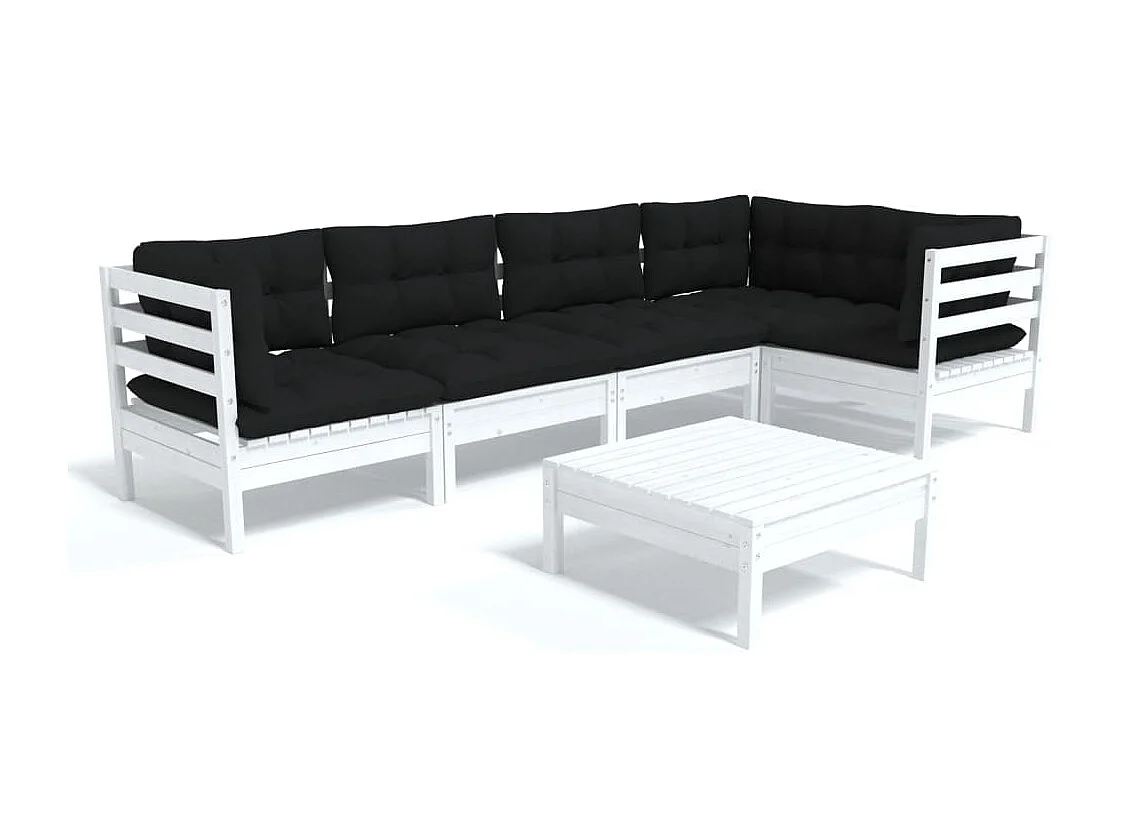 Salon de jardin 6 pcs avec coussins Blanc Bois de pin