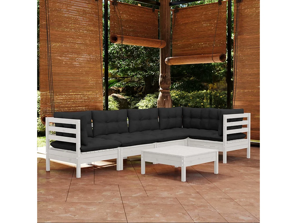 Salon de jardin 6 pcs avec coussins Blanc Bois de pin