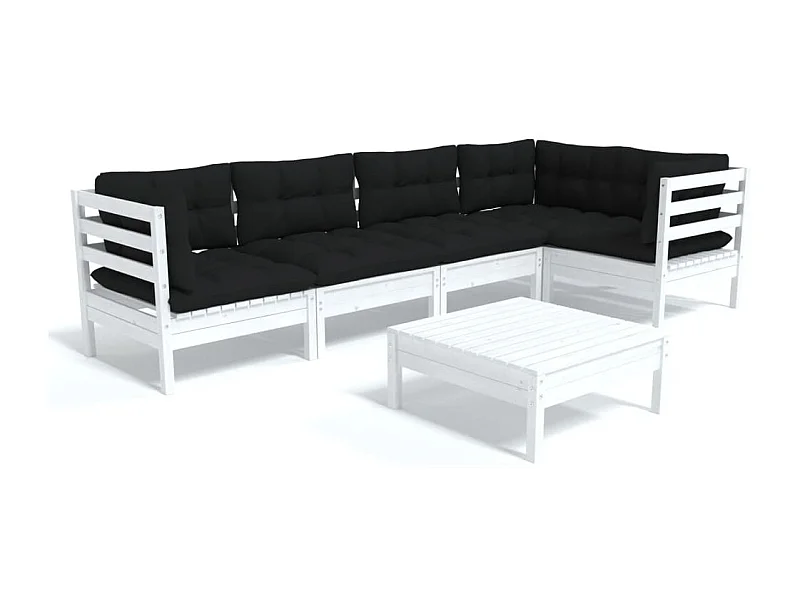 Salon de jardin 6 pcs avec coussins Blanc Bois de pin