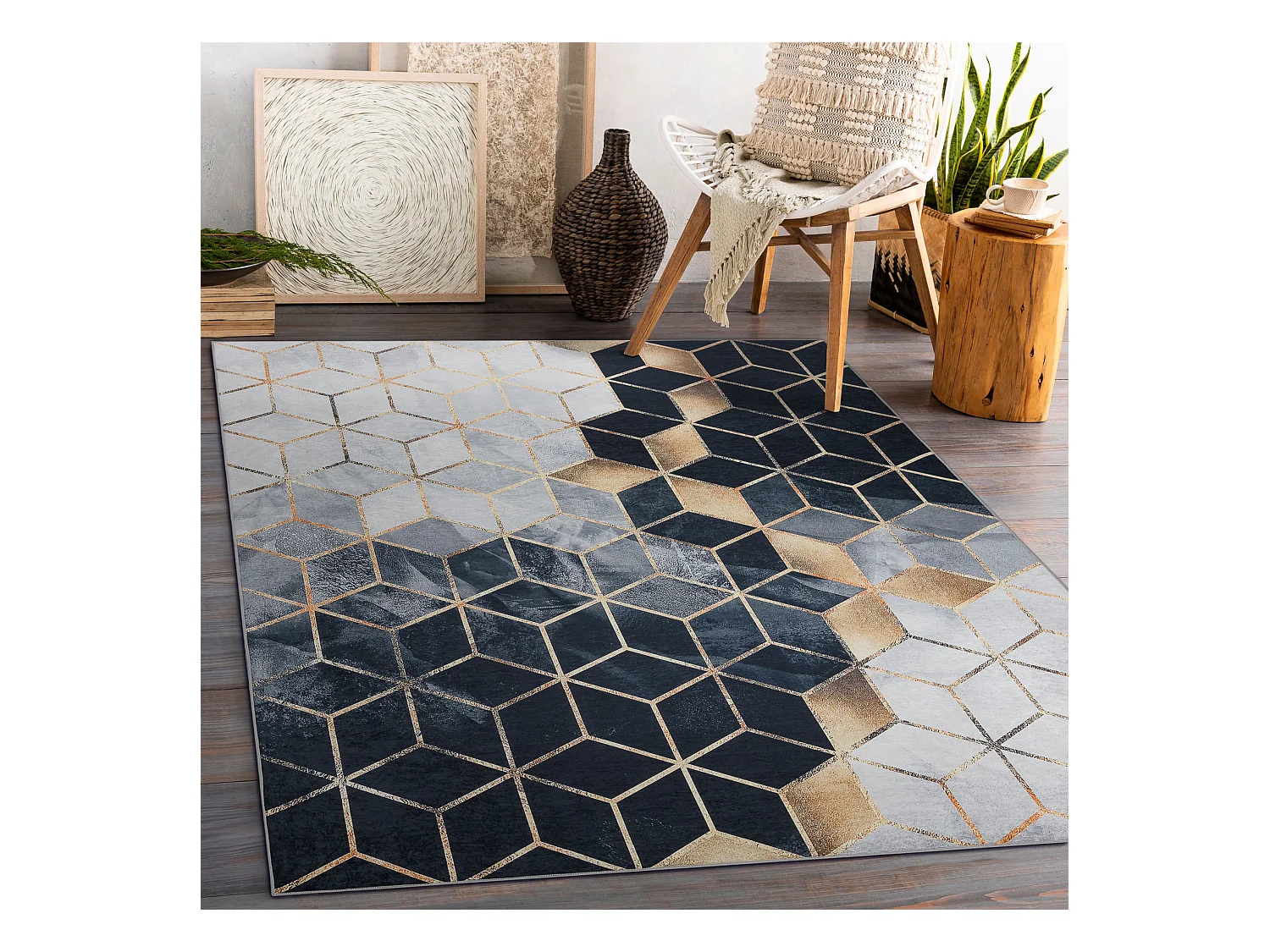 Tapis lavable ANDRE 1171 Cube, géométrique antidérapant - noir / or 160x220 cm