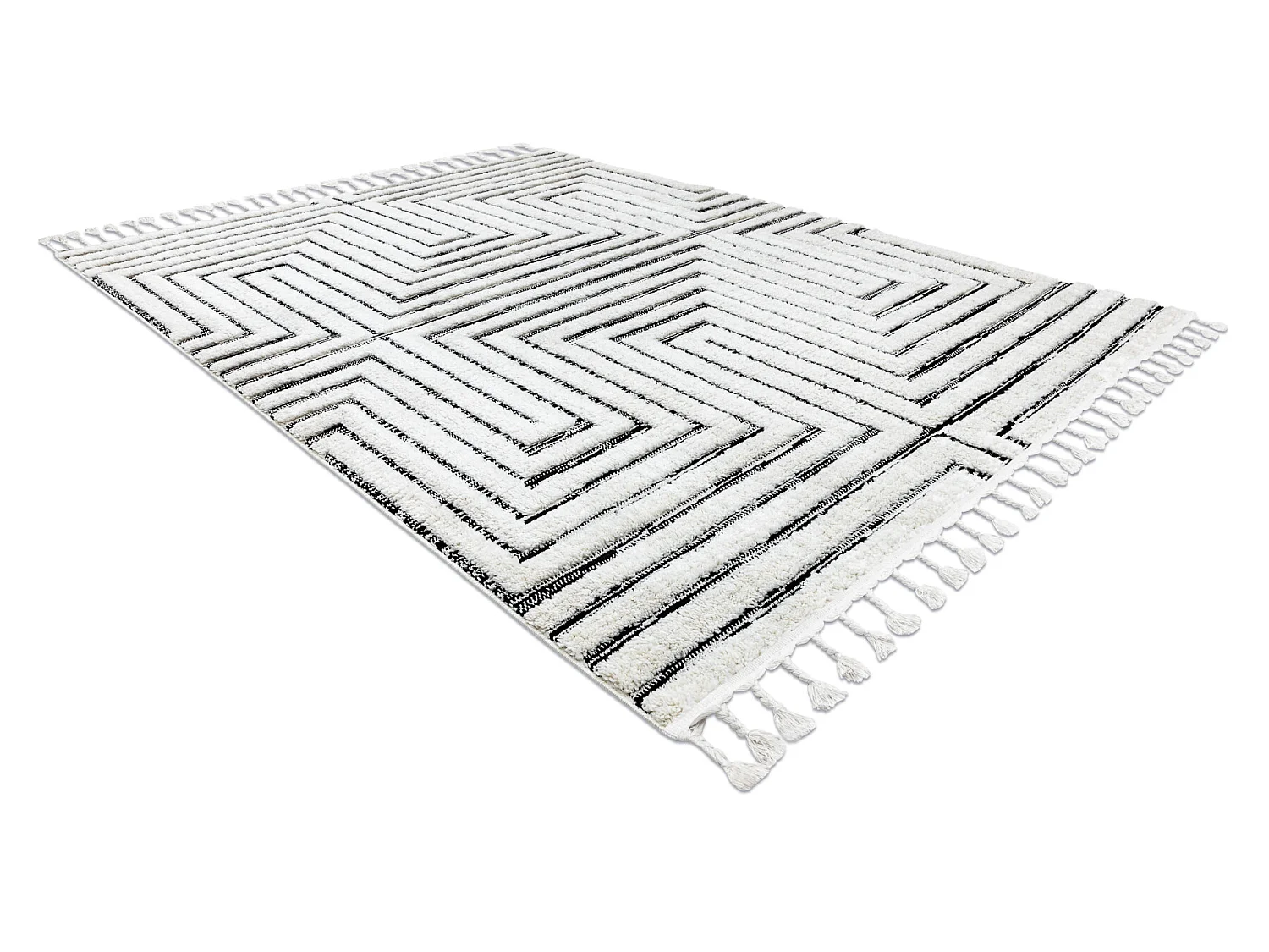 Tapijt SEVILLA Z788B Labirynt, Grieks wit / antracyt Kwastjes berbery  180x270 cm