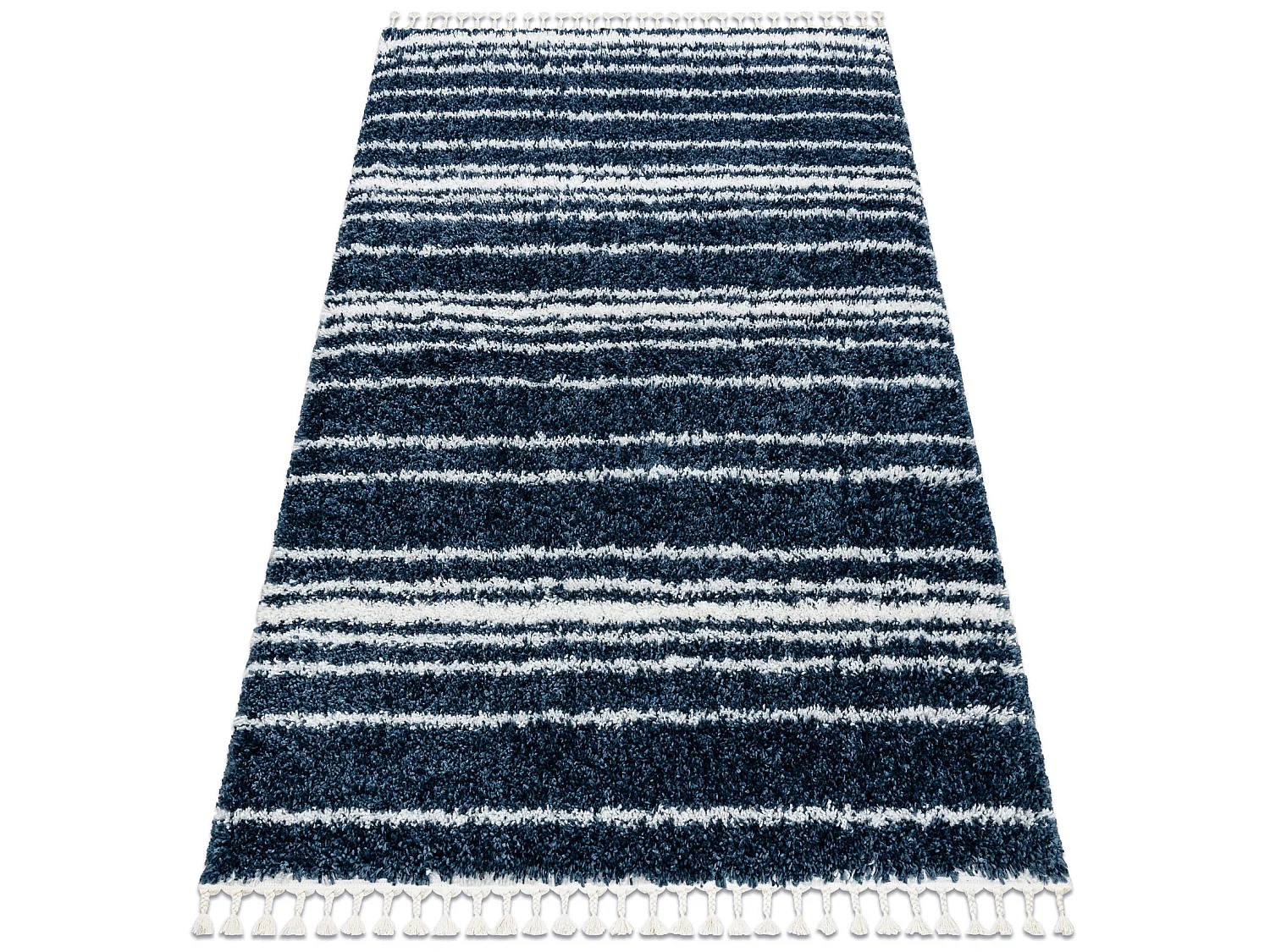 Tapis UNION 4080 Rayures bleu et crème Franges berbère marocain shag 180x270 cm