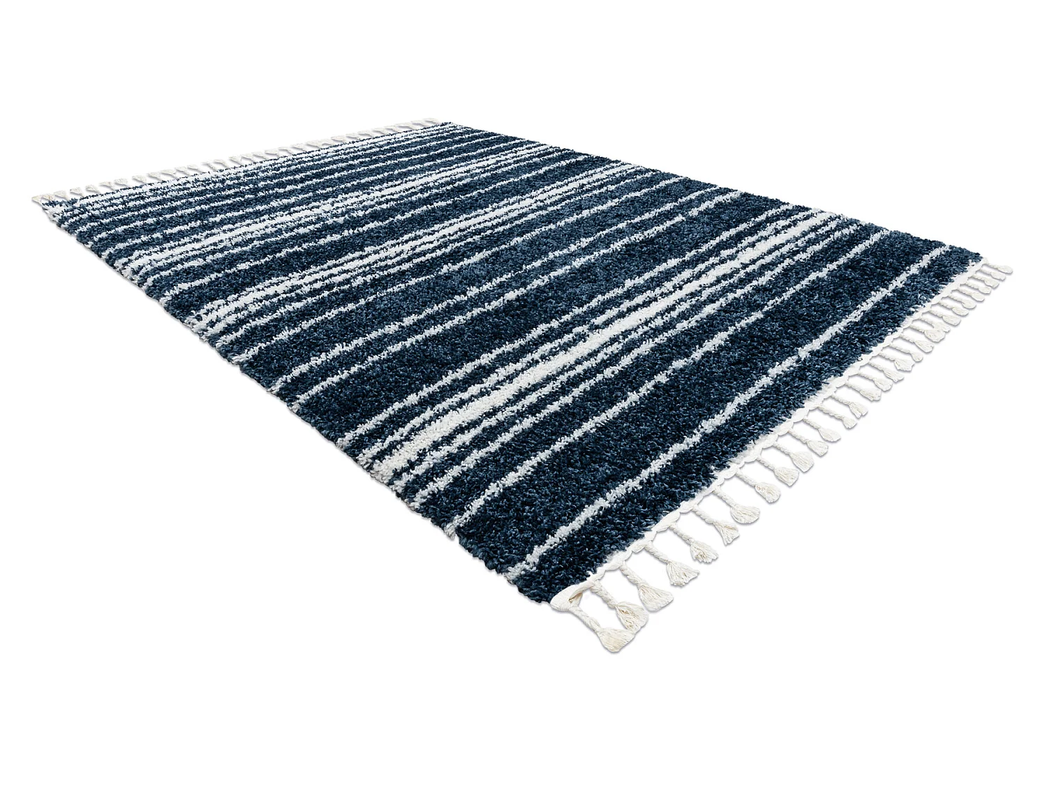 Tapis UNION 4080 Rayures bleu et crème Franges berbère marocain shag 180x270 cm