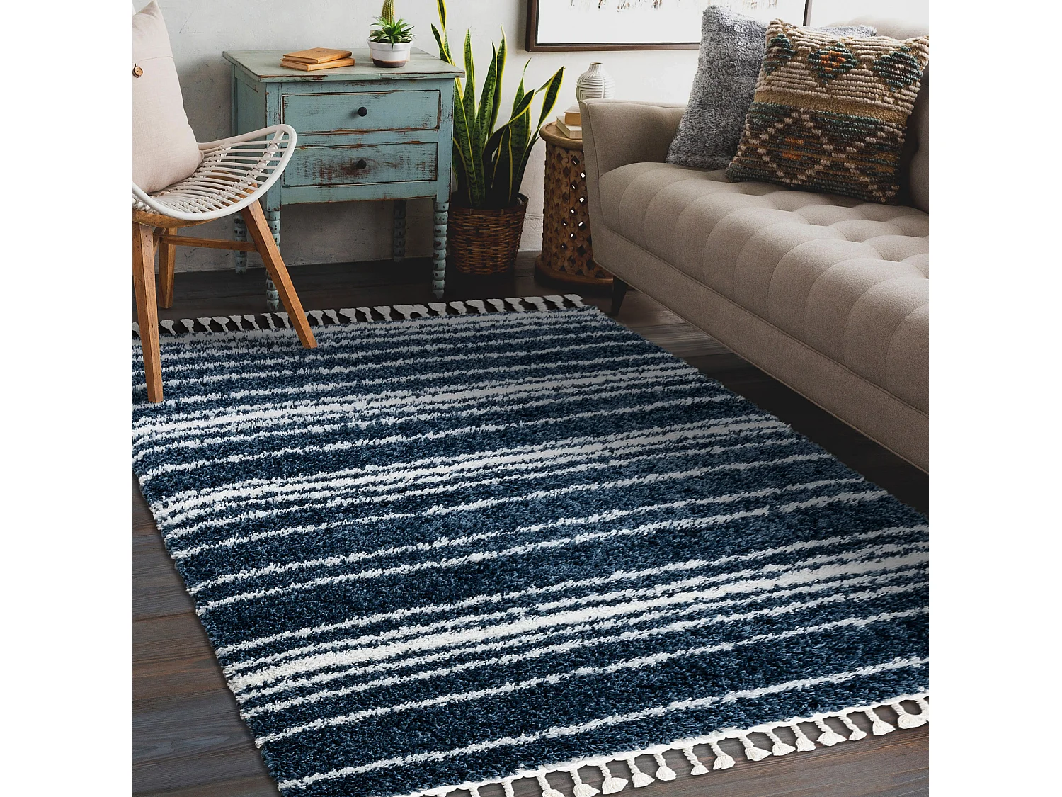 Tapijt UNION 4080 Strips blauw / crème Kwastjes berbery Marokkaanse s 160x220 cm